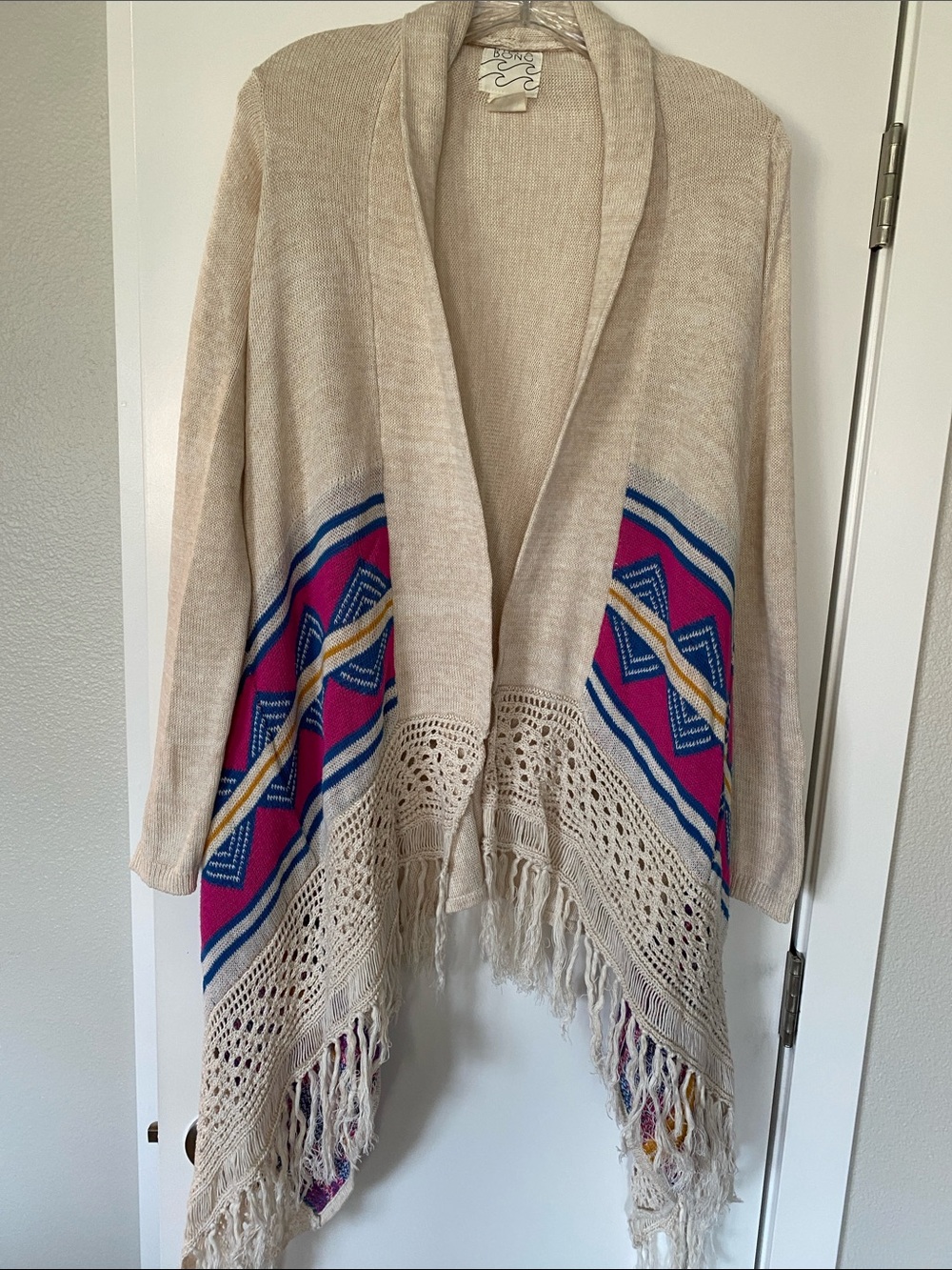 Billabong Beige Crochet Knit Fringe Open Front Boho Cali Beach Hurley Roxy S